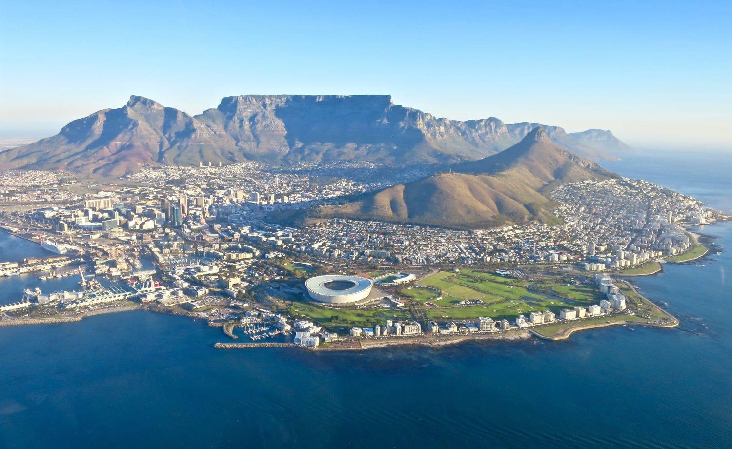 Aerial view of Cape Town with Table Mountain, the stadium and coastline